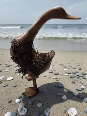 Handcrafted Brown Wooden Duck Figurine with Natural Fiber Body